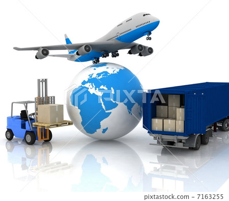 airliner with a globe and autoloader with boxes airliner with a globe and autoloader with boxes 7163255