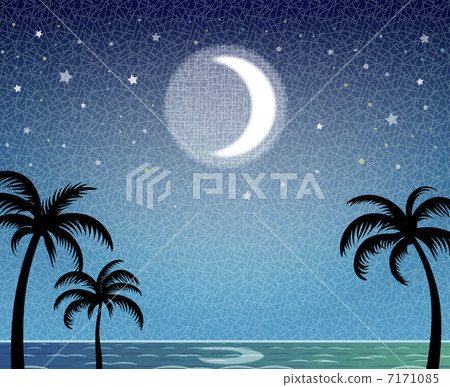 Sea of the night and palm tree and moon - Stock Illustration [7171085 ...