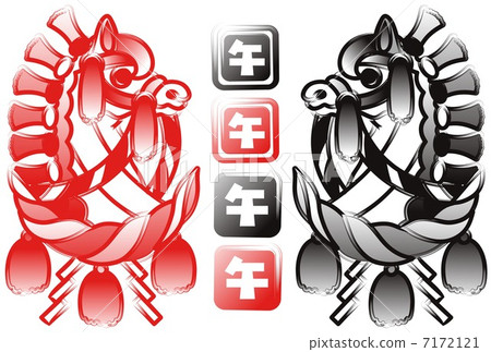 新年賀卡插圖材料2014年卡（手繪毛筆繪畫水墨畫風格裝飾馬和失業馬）紅色墨水黑色墨水 7172121