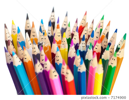 Colorful pencils as smiling faces people isolated. Social networ 7174900