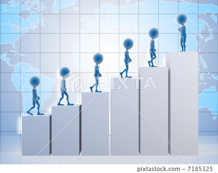 3D business men climbing a graph with one confident business man 3D business men climbing a graph with one confident business man 7185125