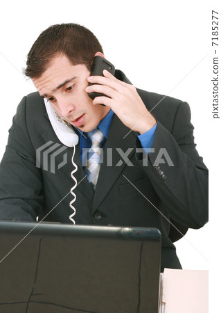 Isolated Stressed Businessman At His Desk Working - White Backgr 7185277