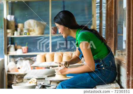 Potter creating clay bowl on turning wheel 7230351
