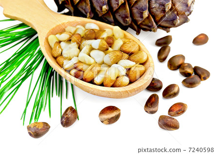 Nuts of cedar  in a wooden spoon and a bump 7240598