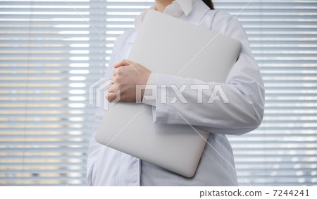A lady in white with a personal computer A lady in white with a personal computer 7244241