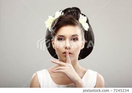 Hush! Woman showing Silence Sign with her Forefinger. Warning  7245234
