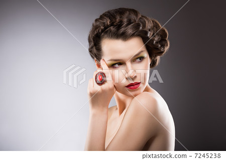 Posh Brunette with Jewelry - Ruby Oval Ring. Braided Hairstyle  7245238