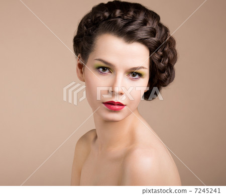 Nostalgia. Retro Styled Pinup Girl with Braided Hair. Romance  7245241
