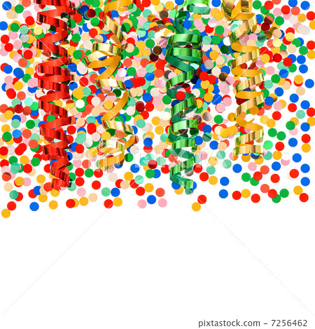 colorful confetti with shiny streamer over white colorful confetti with shiny streamer over white 7256462