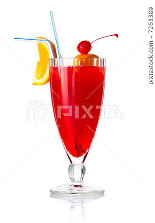 Red alcohol cocktail with orange slice and umbrella isolated Red alcohol cocktail with orange slice and umbrella isolated 7263389