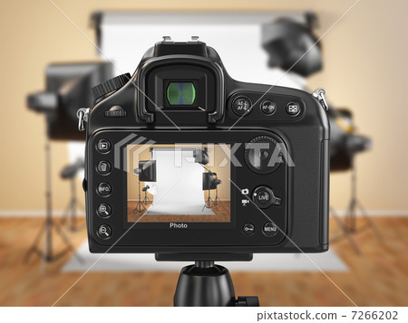 Digital photo camera in studio with softbox and flashes. 7266202