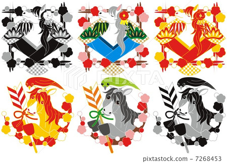 2014年卡（日式插畫風扇和馬·黛米箭，馬和鶯歌）新年卡的插圖素材2×3點集 7268453