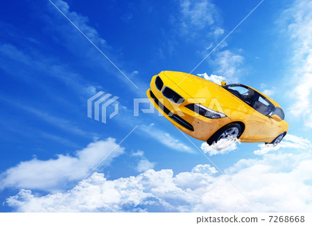 Yellow car flying in the sky 7268668