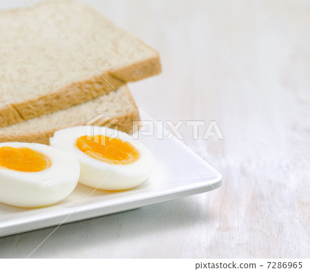 Boiled egg and toasts on white plate Boiled egg and toasts on white plate 7286965