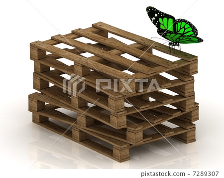 Green butterfly is sitting on a stack of wooden pallets 7289307