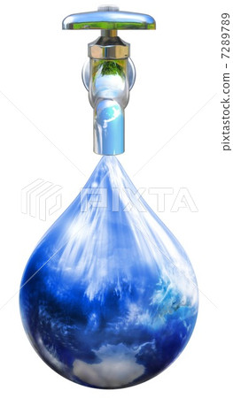 Water supply faucet Earth droplet falls on the faucet Green white back 7289789