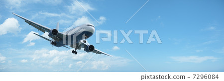 Jet aircraft is maneuvering for landing. Panoramic composition w Jet aircraft is maneuvering for landing. Panoramic composition w 7296084