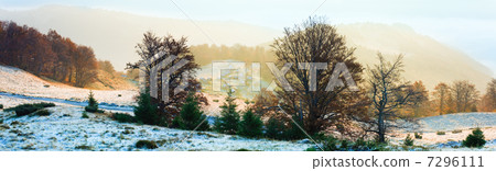 Autumn misty morning mountain panorama 7296111