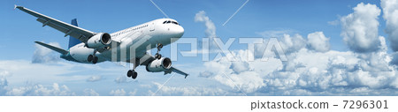 Jet plane in flight. Panoramic composition. 7296301