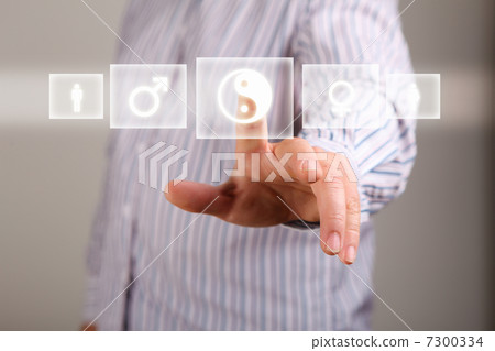 Hand touching screen with buttons on it Hand touching screen with buttons on it 7300334