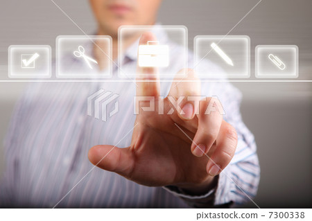 Hand touching screen with buttons on it 7300338