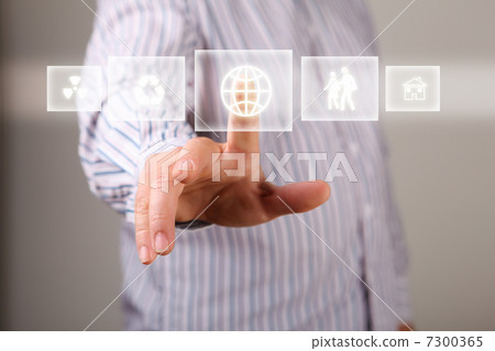 Hand touching screen with buttons on it 7300365