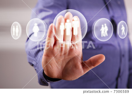 Hand touching screen with buttons on it Hand touching screen with buttons on it 7300389