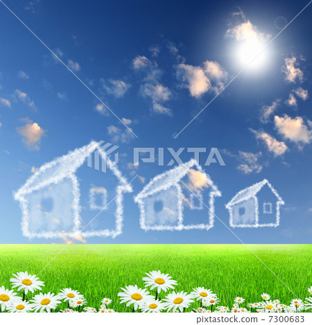 House from white clouds against blue sky - Stock Illustration [7300683 ...