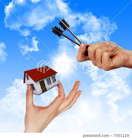 House in the hands against the blue sky 7301129