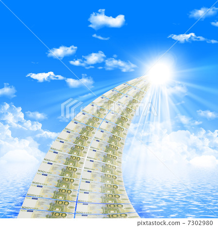 road from banknotes disappearing into a bright blue sky. 7302980