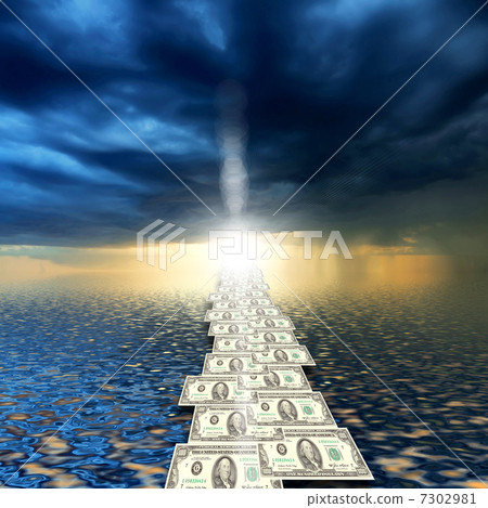 road from banknotes disappearing into a bright blue sky. 7302981