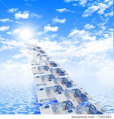 road from banknotes disappearing into a bright blue sky. 7302983