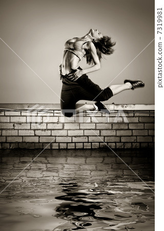 black and white photo of girl jumping on the roof in the water black and white photo of girl jumping on the roof in the water 7319981