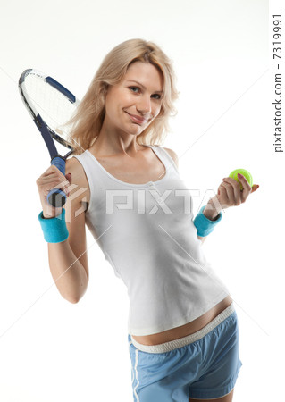 Portrait of young smiling woman with tennis racket isolated on w Portrait of young smiling woman with tennis racket isolated on w 7319991