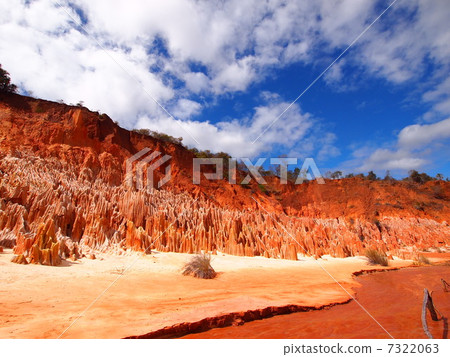 Red earth and landscape of strangely shaped rocks formed by erosion (Earth, nature, environment image) Madagascar, Red Tsingy 7322063