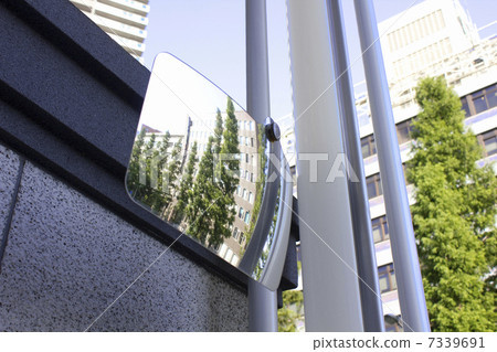 Curved mirror installed at the exit of apartment parking lot 7339691