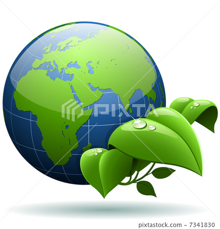 Glossy Earth globe with green leaves isolated... - Stock Illustration ...