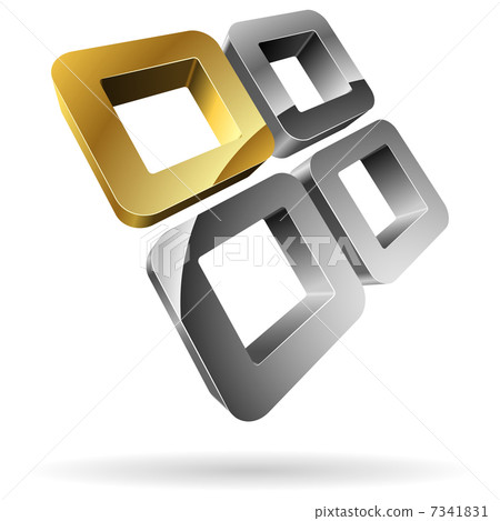 3D rounded steel squares with golden one. 3D rounded steel squares with golden one. 7341831