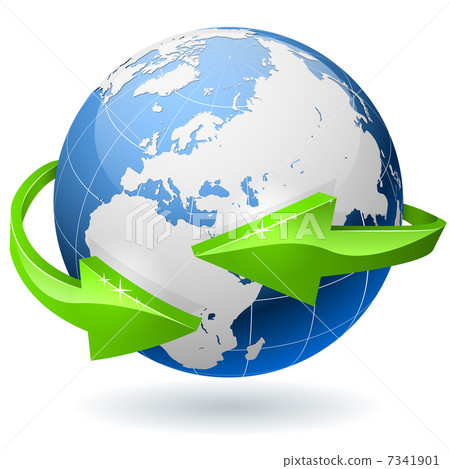 Earth globe surrounded by radial arrows isolated on white backgr Earth globe surrounded by radial arrows isolated on white backgr 7341901