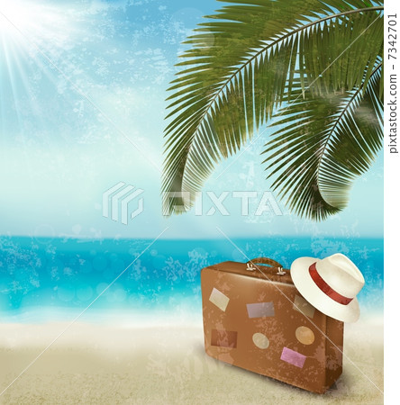 Vintage beautiful seaside background with suitcase and a hat. Ve Vintage beautiful seaside background with suitcase and a hat. Ve 7342701