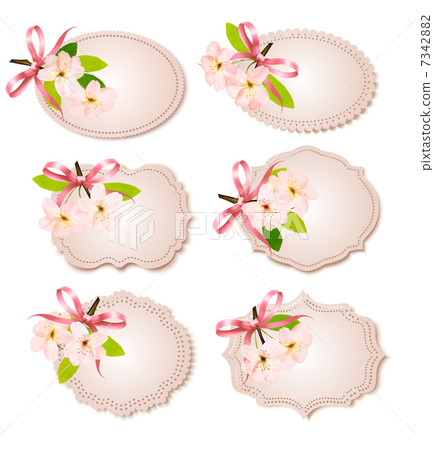 Spring cards with blossoming tree brunch with spring flowers. Ve 7342882