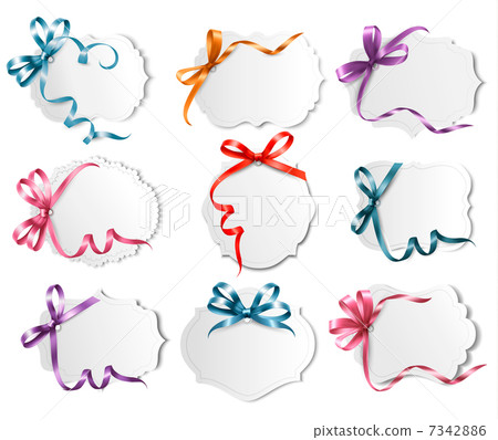 Set of beautiful cards with colorful gift bows with ribbons Vect Set of beautiful cards with colorful gift bows with ribbons Vect 7342886