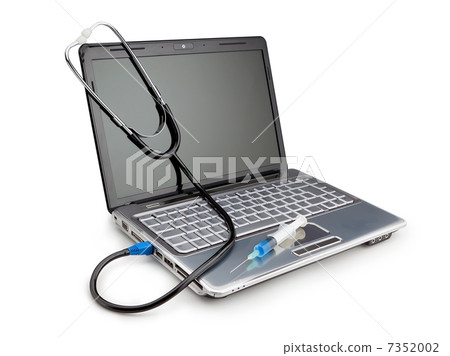 Modern laptop with a stethoscope and syringe for the treatment o Modern laptop with a stethoscope and syringe for the treatment o 7352002