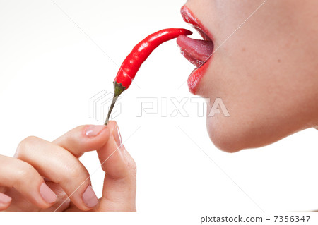 Young woman with chili pepper isolated on white Young woman with chili pepper isolated on white 7356347