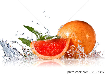 Water splash on grapefruit with mint isolated on white Water splash on grapefruit with mint isolated on white 7357347