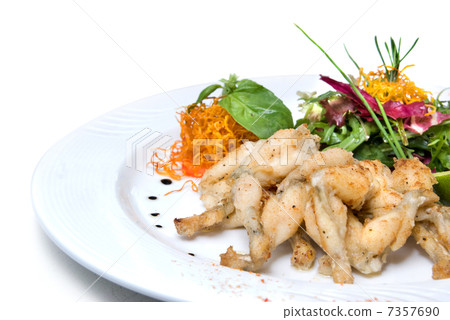 fried frogs legs on the plate isolated on white 7357690