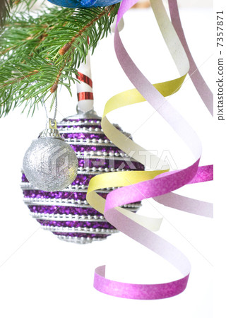 Christmas balls and decoration on fir tree branch isolated on wh Christmas balls and decoration on fir tree branch isolated on wh 7357871