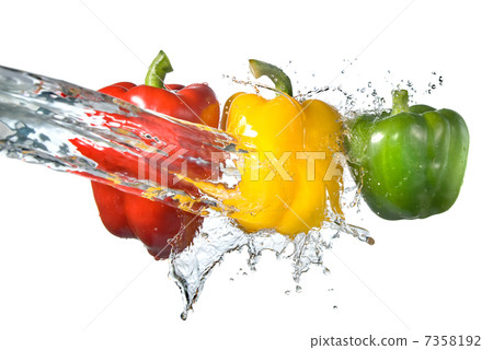 red, yellow and green pepper with water splash isolated on white red, yellow and green pepper with water splash isolated on white 7358192