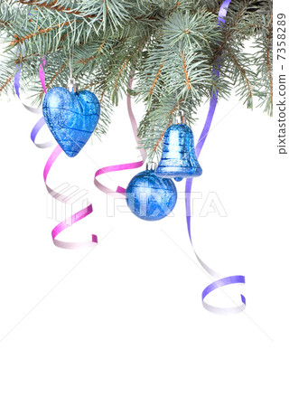 Christmas balls and decoration on fir tree branch isolated on wh Christmas balls and decoration on fir tree branch isolated on wh 7358289