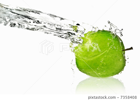 fresh water splash on green apple isolated on white 7358408